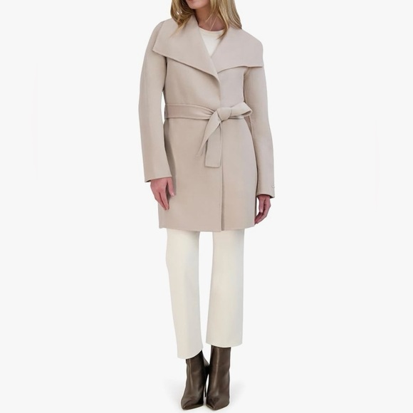 TAHARI Women’s Ella Double Face Wool Wrap Coat w/Tie Belt in Soft Almond Sz: XS - Picture 2 of 13